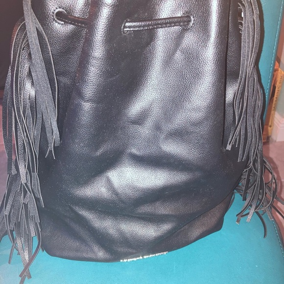 NEW Victoria's Secret Black Faux Leather Backpack Fringe Purse Boho Bag - Picture 5 of 9